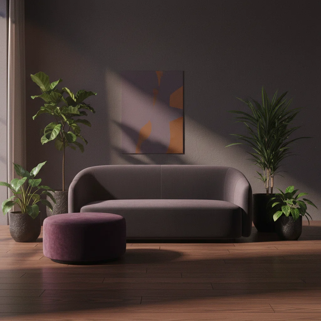 Rustige kantoortafel met een notitieboek, plant en een glas water in warm ochtendlicht